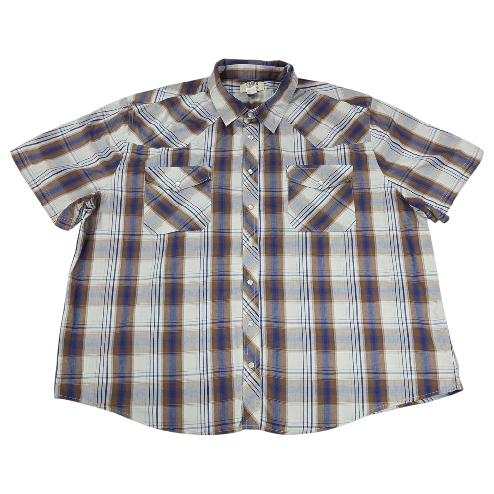 Duke Haband Classic Men 3X Brown Blue Plaid Pearl Snap Short Sleeve Western EUC